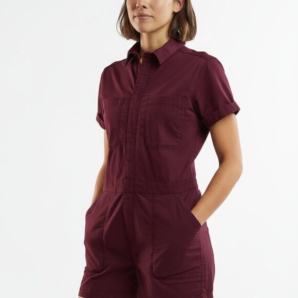 Title Nine Rosie Utility Romper Brash™ Ripstop Burgundy Wine Plum Stretch - Picture 3 of 11